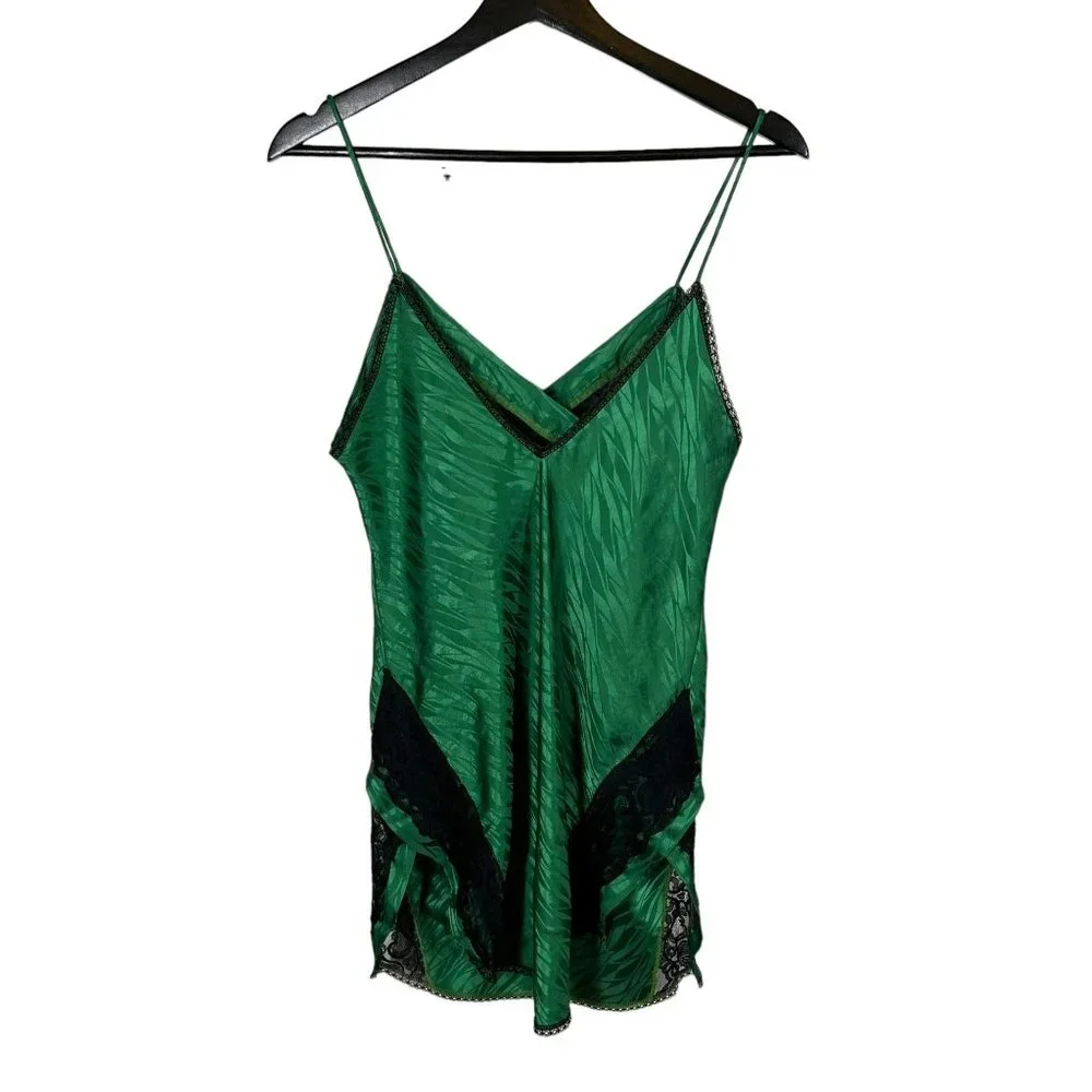 Vintage 80s Lilly of France Green Spaghetti Strap Lace Short Negligee Medium - Picture 2 of 6